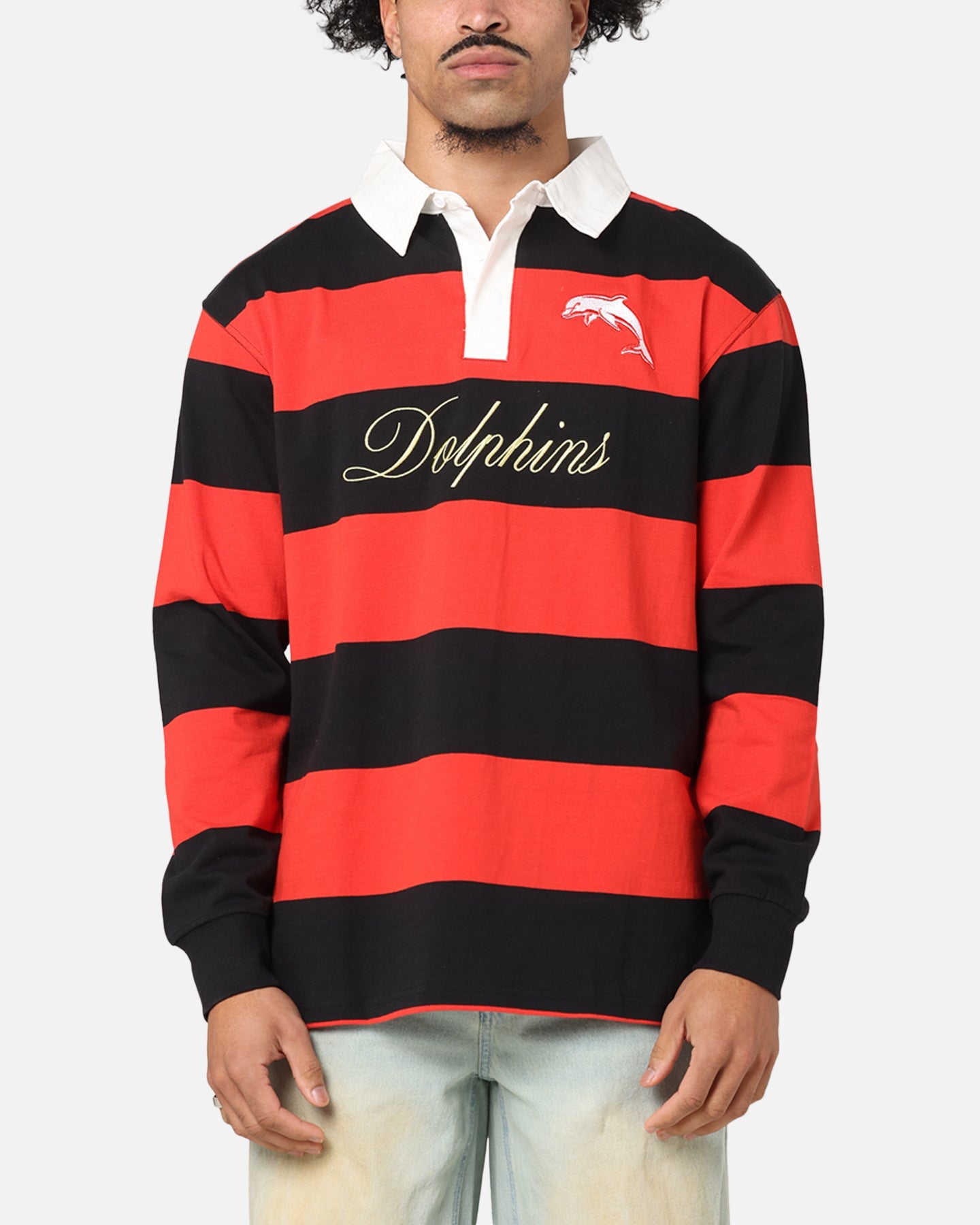 Bleacher Athletic Dolphins NRL Stripe Rugby Polo Shirt Official Team Colour