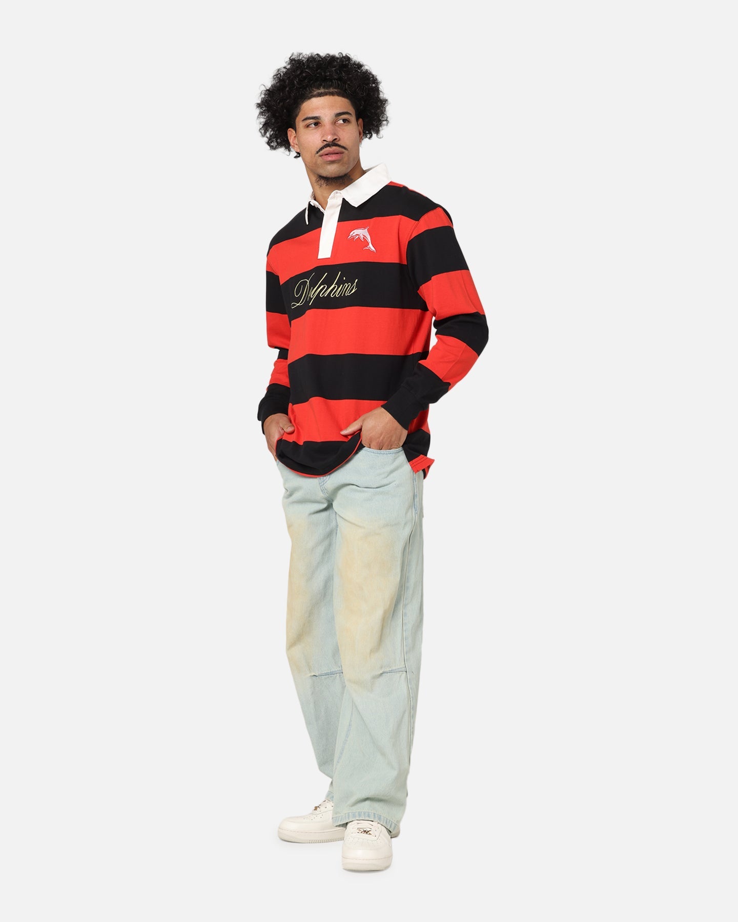 Bleacher Athletic Dolphins NRL Stripe Rugby Polo Shirt Official Team Colour