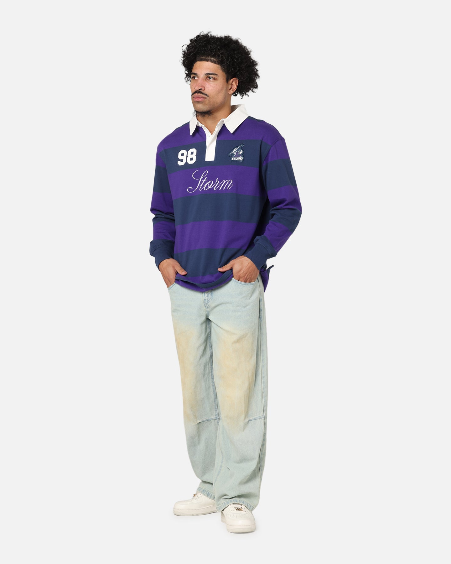 Bleacher Athletic Melbourne Storm NRL Stripe Rugby Polo Shirt Official Team Colour