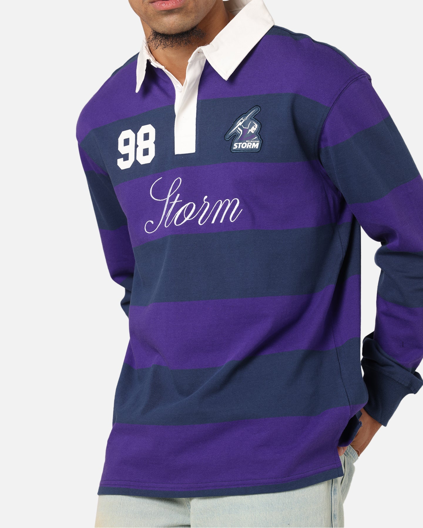 Bleacher Athletic Melbourne Storm NRL Stripe Rugby Polo Shirt Official Team Colour