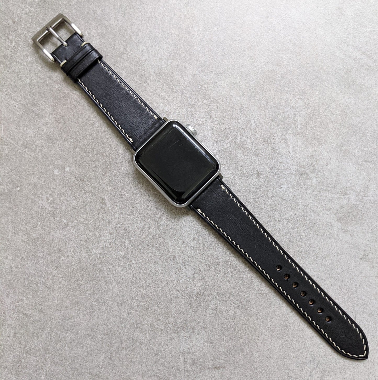 Apple Watch Strap - Black Calfskin W/Cream stitching