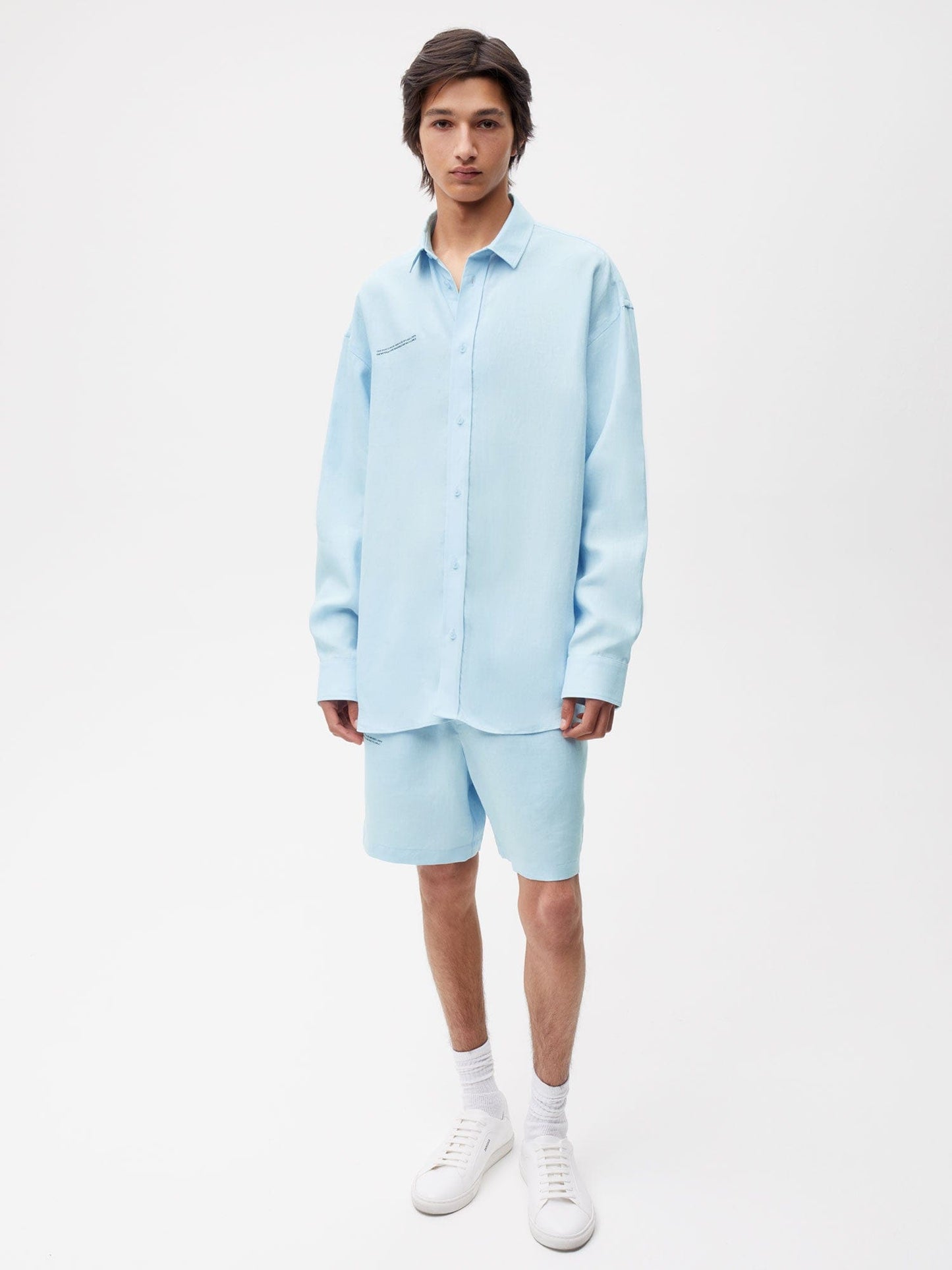Aloe Linen Collared Long Sleeve Shirt—baby blue