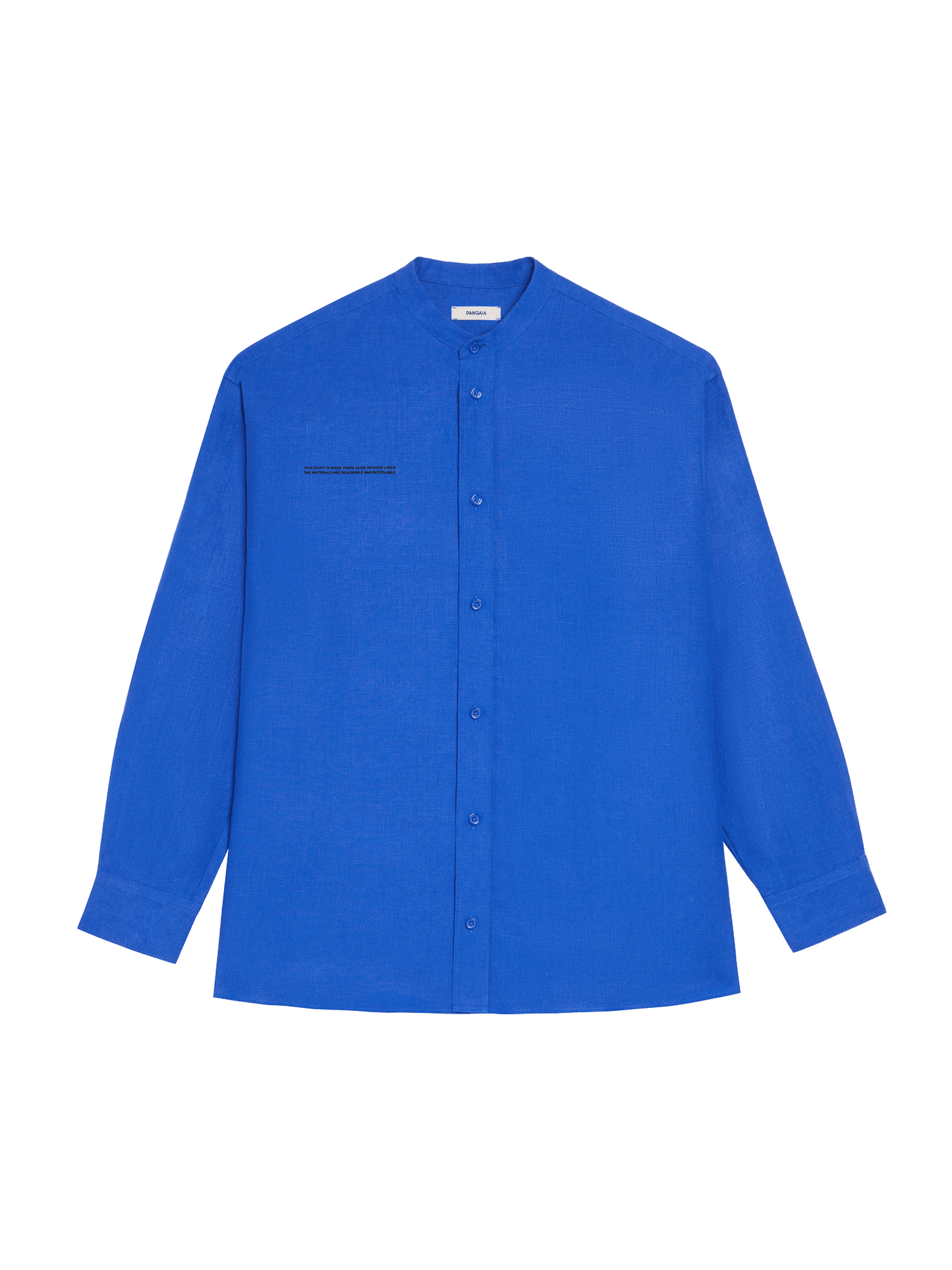 Aloe Linen Mandarin Collar Long Sleeve Shirt—cobalt blue