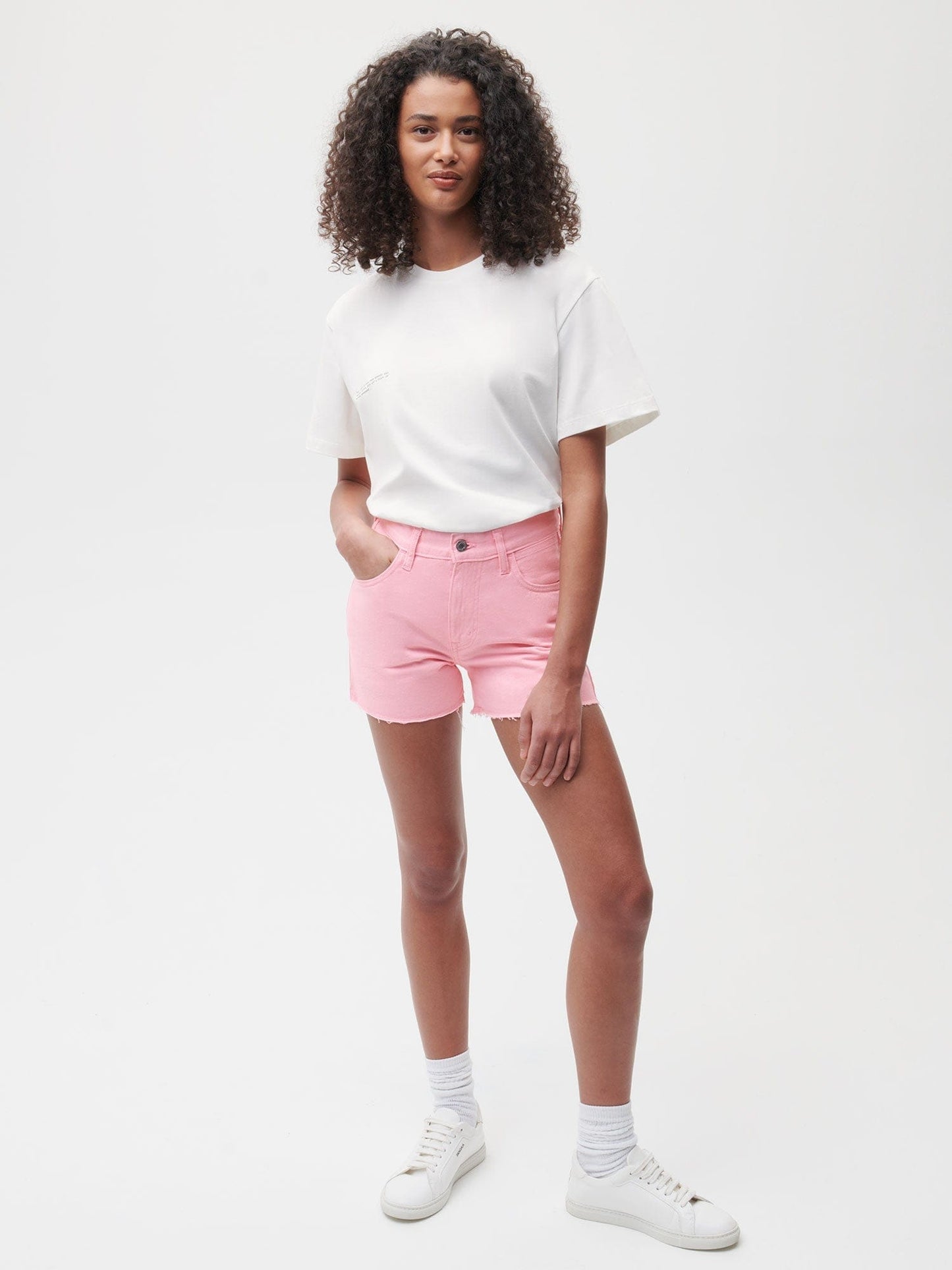 Women Denim High Rise Cropped Shorts—sakura pink