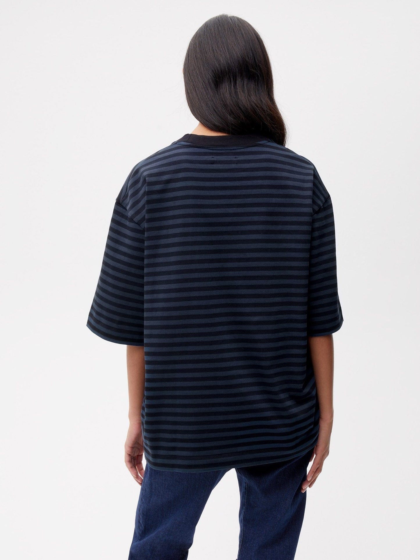 Womens Recycled Cotton Stripe Boxy T-shirt—black
