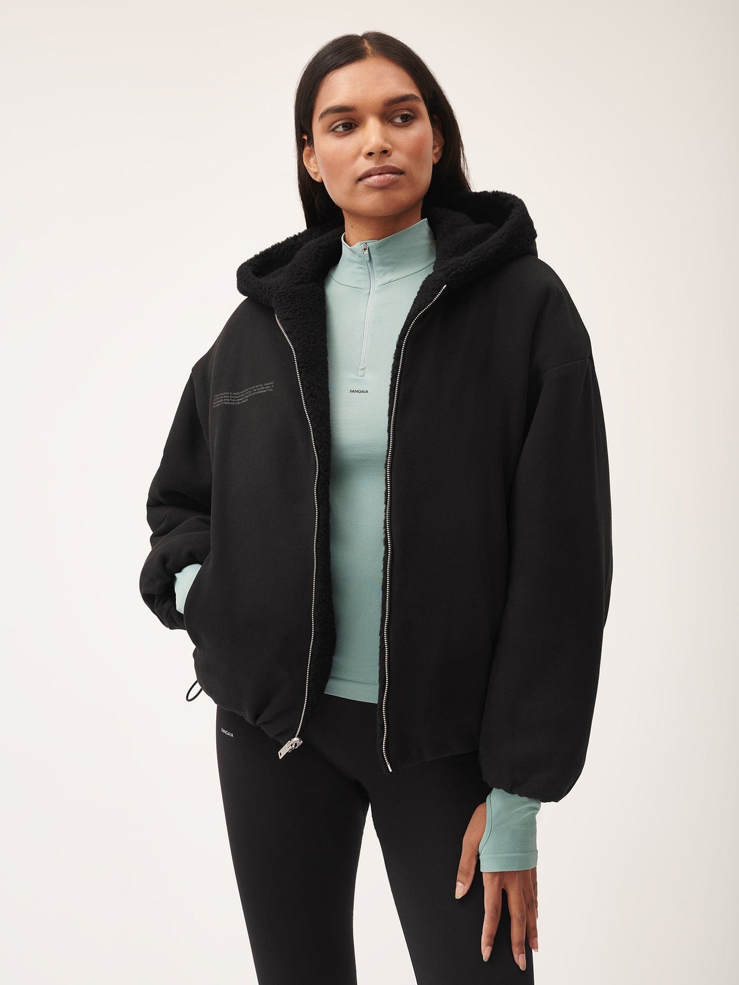 Womens Recycled Wool Fleece Reversible Bomber Jacket—black