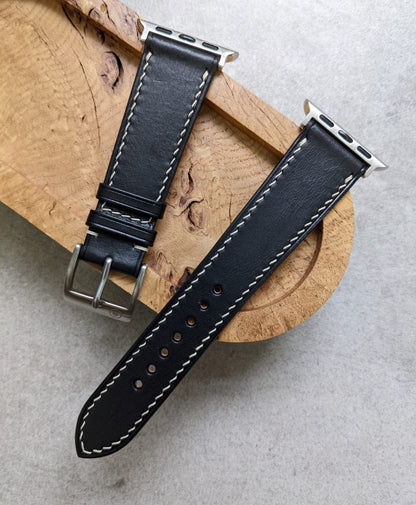 Apple Watch Strap - Black Calfskin W/Cream stitching