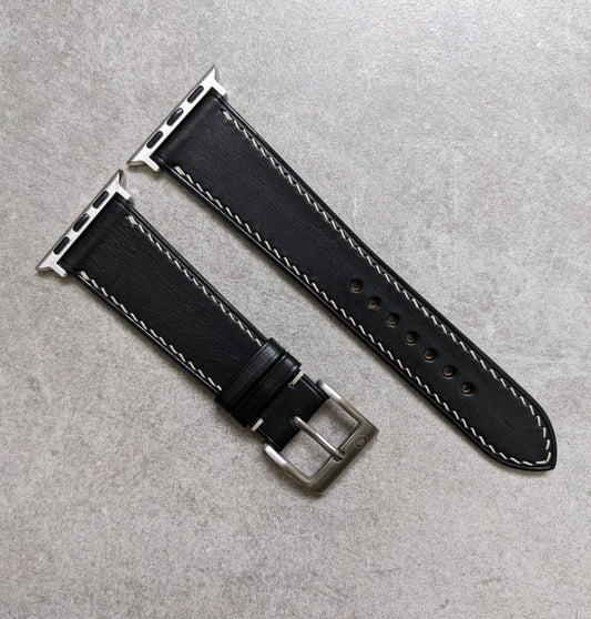 Apple Watch Strap - Black Calfskin W/Cream stitching