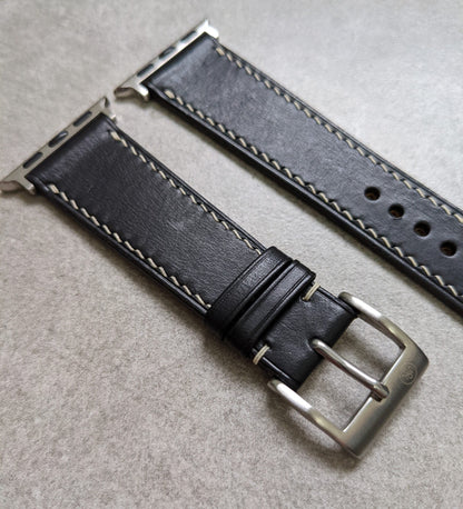 Apple Watch Strap - Black Calfskin W/Cream stitching