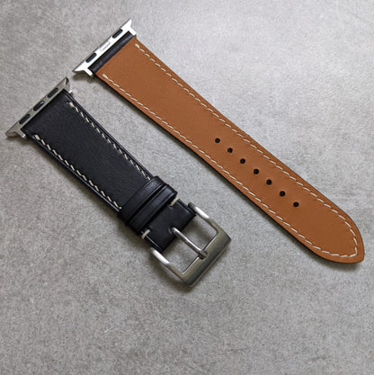 Apple Watch Strap - Black Calfskin W/Cream stitching