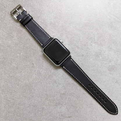 Apple Watch Strap - Black Calfskin W/Cream stitching