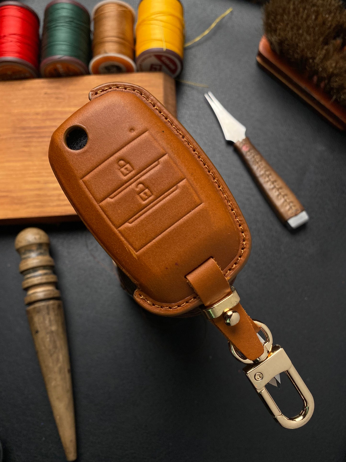 Leather Key Case for KIA Morning, Soluto, Cerato, K3 (2013-2020) 2-Button Folding Key