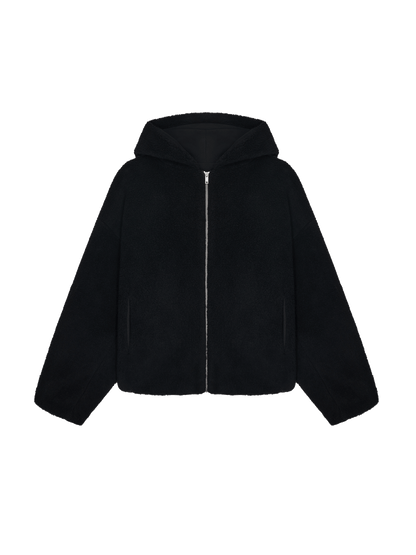 Womens Recycled Wool Fleece Reversible Bomber Jacket—black